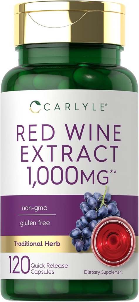 Carlyle Red Wine Extract Capsules Ø 1000mg Silencio 120 Cuenta ← No GMO y Gluten Suplemento gratuito