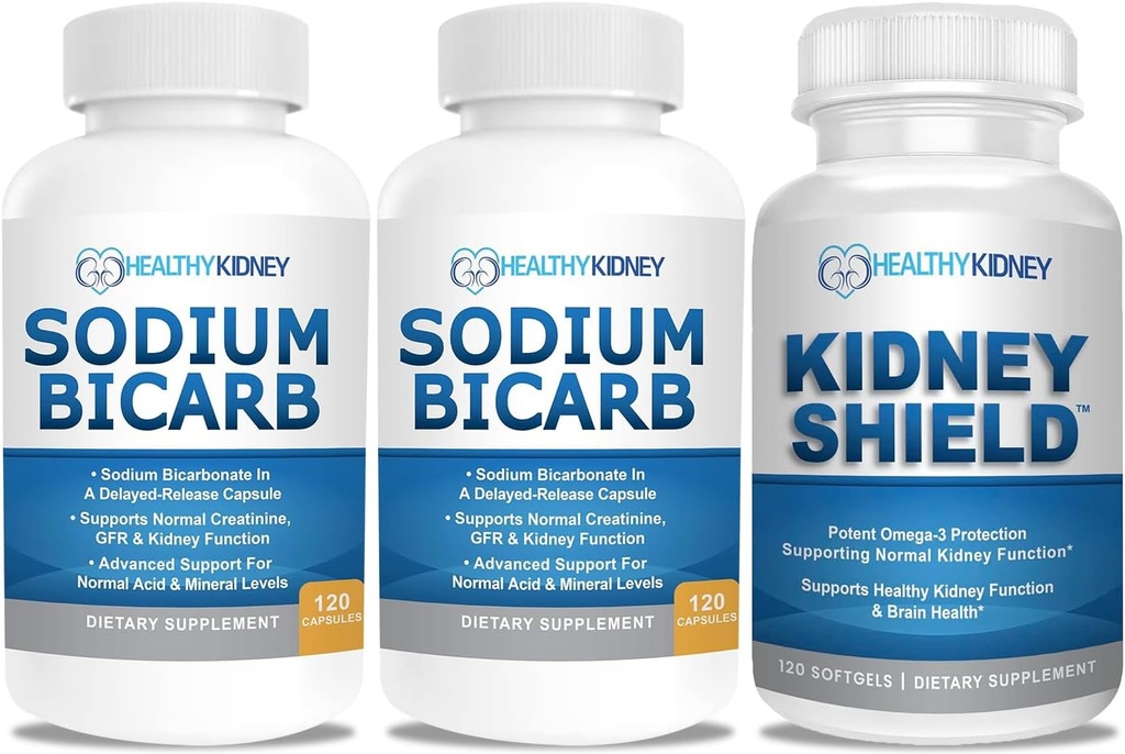 Bicarbonato de sodio 650mg cápsulas para el alivio de ácido, Alkalinity 120 pastillas 2-Pack + Escudo de riñón 120 Caps Suplemento de riñón para soportar la función normal del riñón