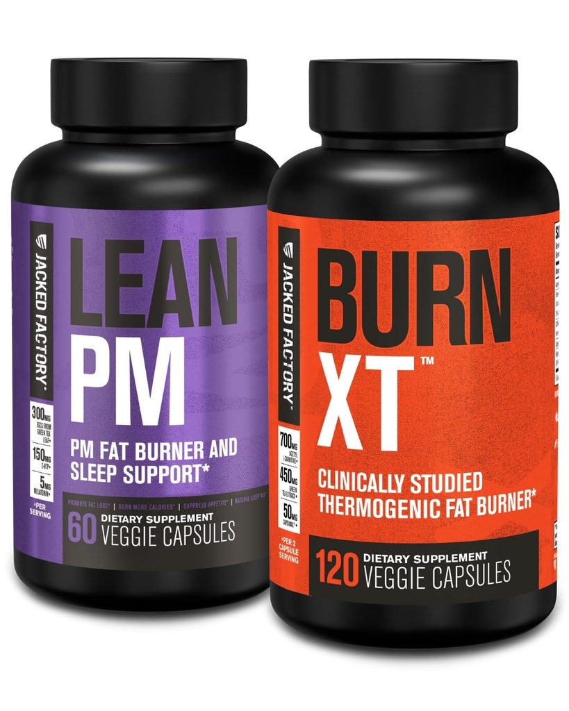 Jacked Factory Lean PM Night Time Fat Burner, Sleep Aid Supplement, " Appetite Suppressant (60 Capsules) " Burn-XT Clinically Studied Fat Burner " Weight Loss Supplement (120 Capsules)