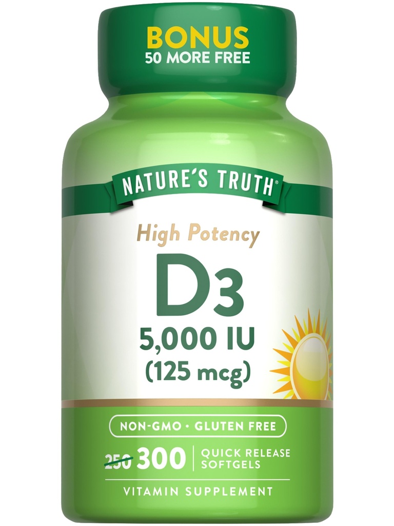 La verdad de la naturaleza Vitamina D3 5000 UI (125 mcg) TEN 300 Softgels TEN High Potency Vitamin D ← Non-GMO y Gluten Free Supplement