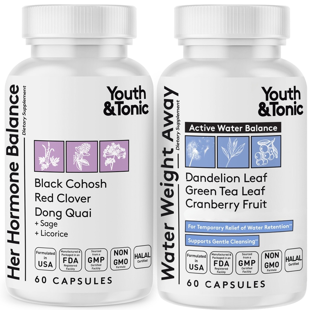 Jóvenes &amp; Mujeres Tónicas Píldoras de pérdida de peso para cambios hormonales y retención fluida durante el PMS, la menopausia – hinchazón, hinchazón &amp; equilibrio hormonal – 120 cápsulas