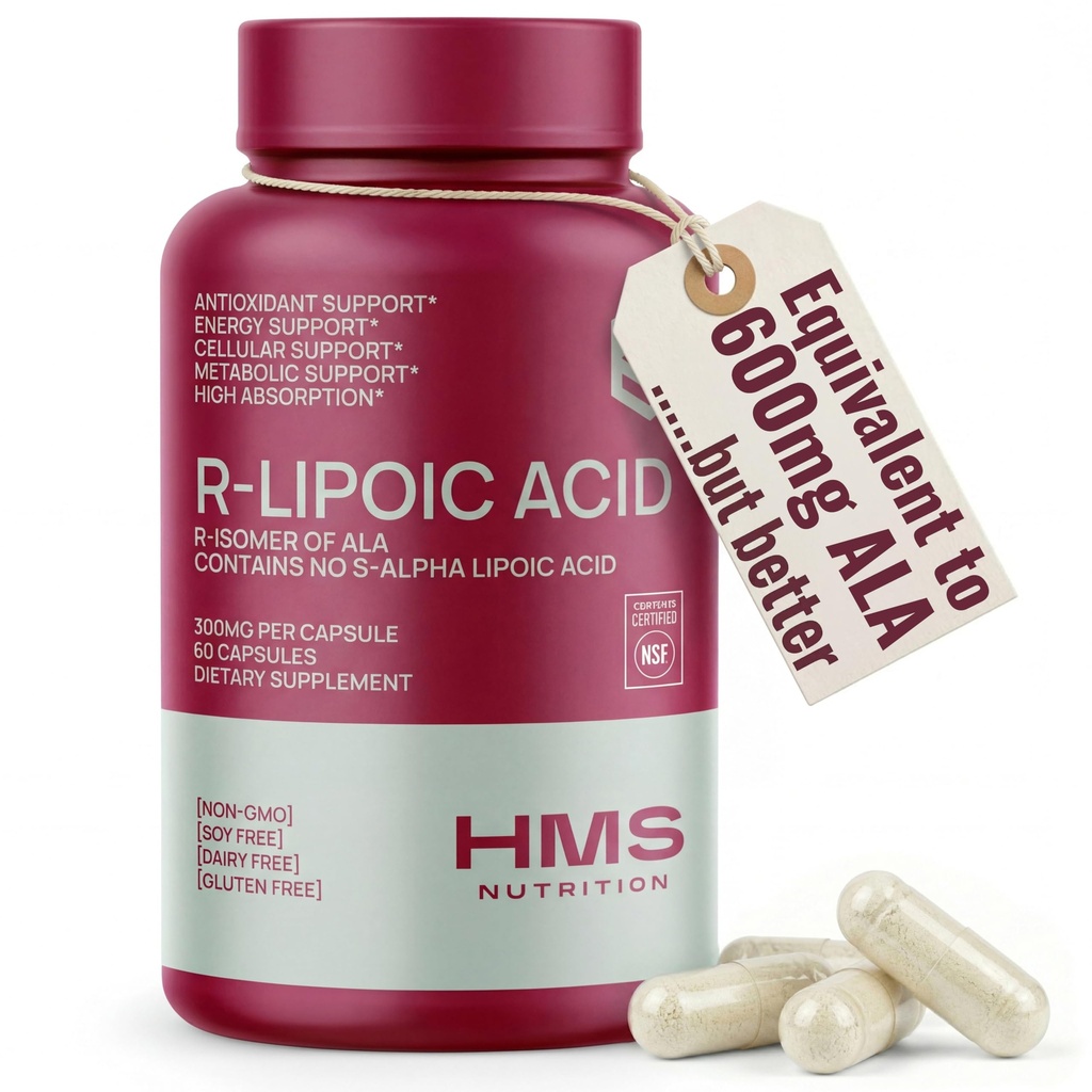 Acido R-Lipoico Estabilizado 300mg Por Serving, R Alfa Lipoic Acid ALA Suplemento Antioxidante para Nerve, Energía y Metabolismo Apoyo, NSF Suplementos certificados, No GMO &amp; Vegan, 60 cápsulas, 2 Month Supply