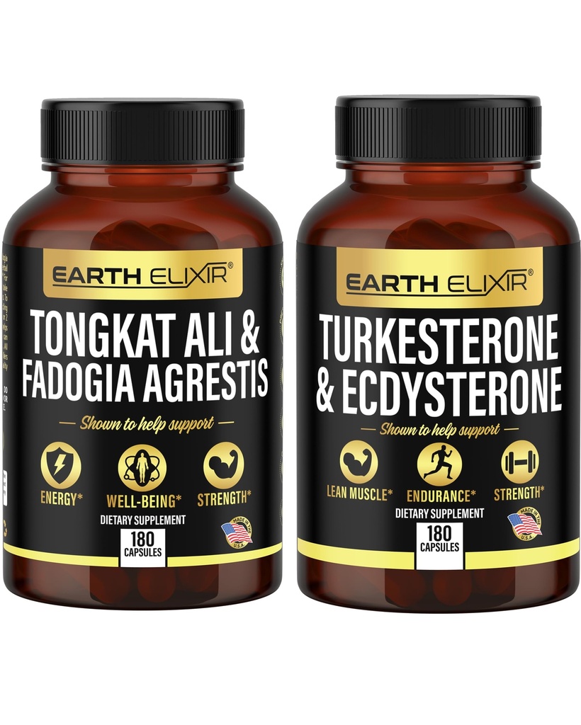 Tierra Elixir Fadogia Agrestis 600mg y Tongkat Ali 500mg + Turkesterone1000mg y Ecdysterone 1000mg Supplments (180 Capsules) Bundle