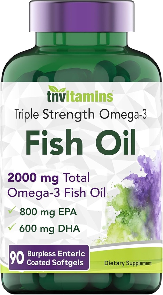 Burpless Omega-3 Fish Oil: 2000mg - 90 Softgels ← 1400mg Total Omega-3 Fatty Acids (800mg EPA & 600mg DHA) ← Enteric Coated Burpless Ultra Potent Fish Oil  Supports Heart Health Health