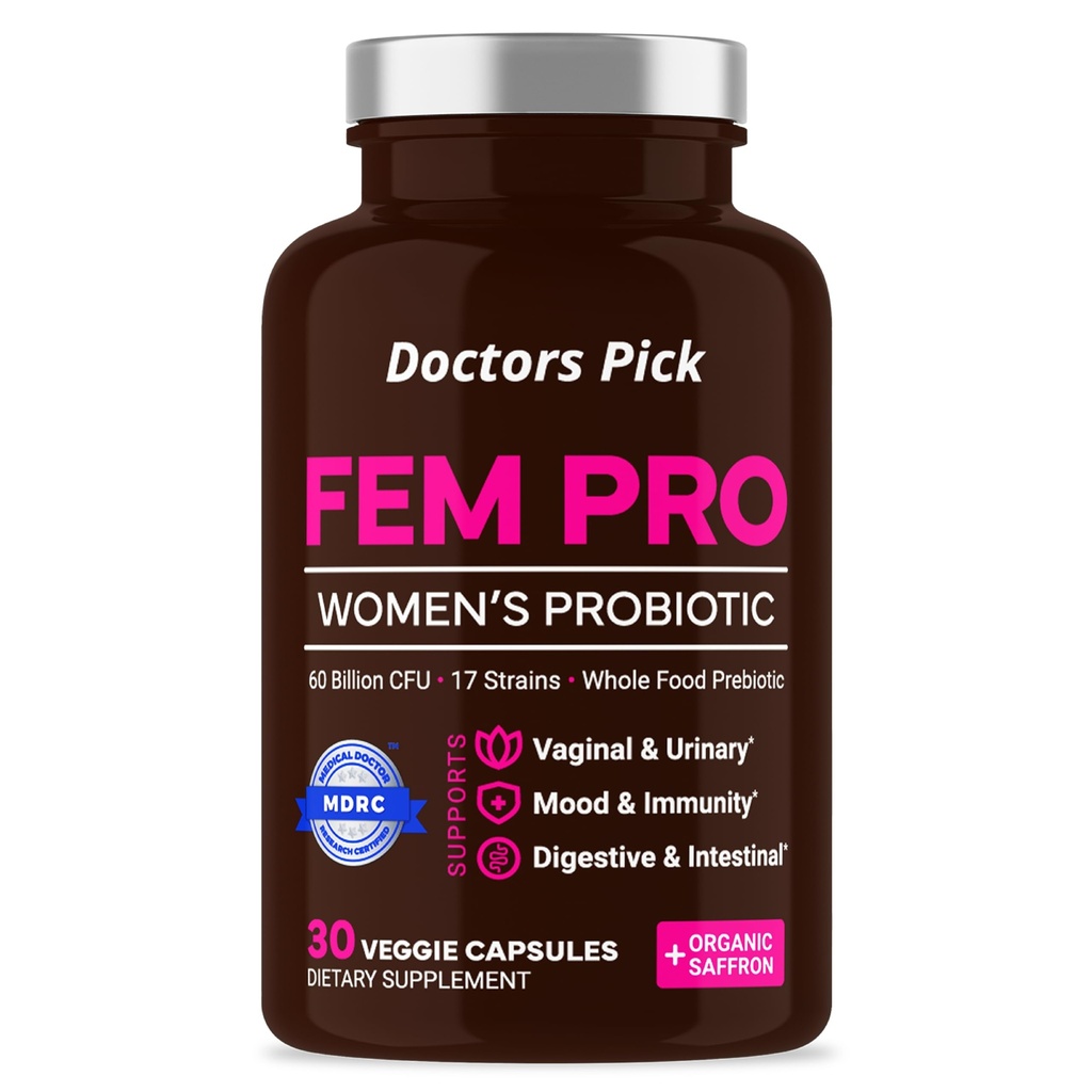 Probióticos Fem Pro para Mujeres. 17 Estrechos Clínicos Efectivos para el apoyo Vaginal, Digestivo &amp; Inmune, Salud del Tracto urinario, Equilibrio de pH y Mood. Prebiótico orgánico, 30 cápsulas vegetales