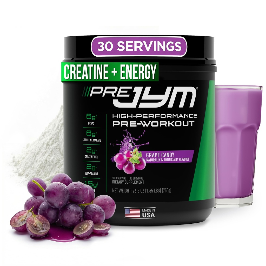 JYM Supplement Science Pre JYM Grape Candy Pre Workout Powder for Men &amp; Women, BCAAs, Nootropics, Creatine HCI, Citrulline, Beta-Alanine, Betaine, Taurine, Huperzine, 30 Servings