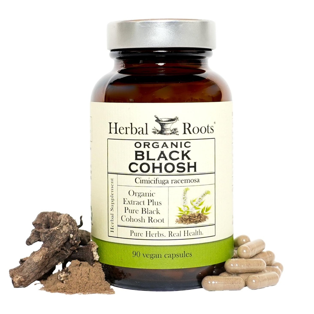 Herbal Roots Organic Black Cohosh Root ← Extra Strength ← Menopause y Menstrual Support for Women ← 90 Capsules, Vegan