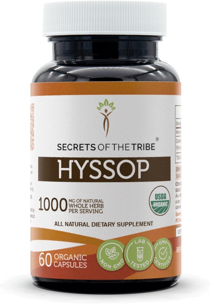 Secrets of the Tribe Hyssop USDA Organic Capsules  Certified Organic Vegetarian Capsules, Herbal Dietary Supplement ← Hyssopus officinalis Dried Herb (60 Count)
