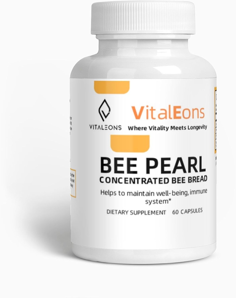 Bee Pollen Supplment - Bee Pollen, Propolis y Royal Jelly - Vitaleons Bee Pearl - Cada perla tiene vitaminas, microelementos, polifenoles y antioxidantes (Vegetariano, 60 cápsulas)