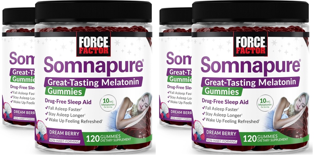 Factor de fuerza Somnapure Gummies with Melatonin, Drug-Free Sleep Support Supplement for Adults with Occasional Sleeplessness, Dream Berry Flavor, 120 Count (Pack of 4)