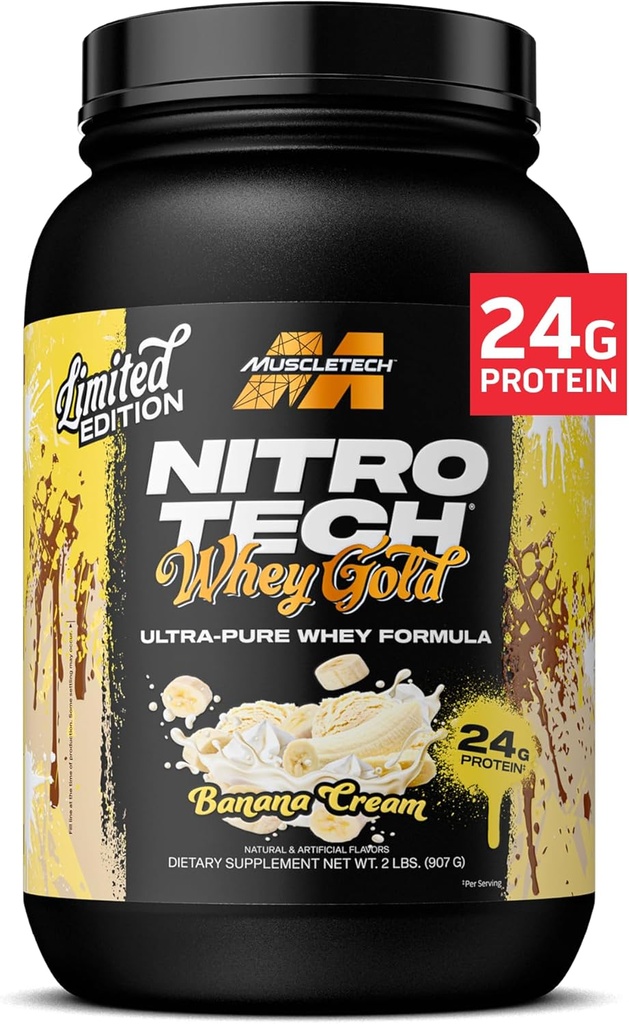 MuscleTech Whey Protein Powder (Banana Cream, 2LB) - Nitro-Tech Whey Protein Isolate Smoothie Mix for Lean Muscle & Fast Recovery - 24g of Whey Gold Protein for Women &amp; Hombre - Gluten-Free