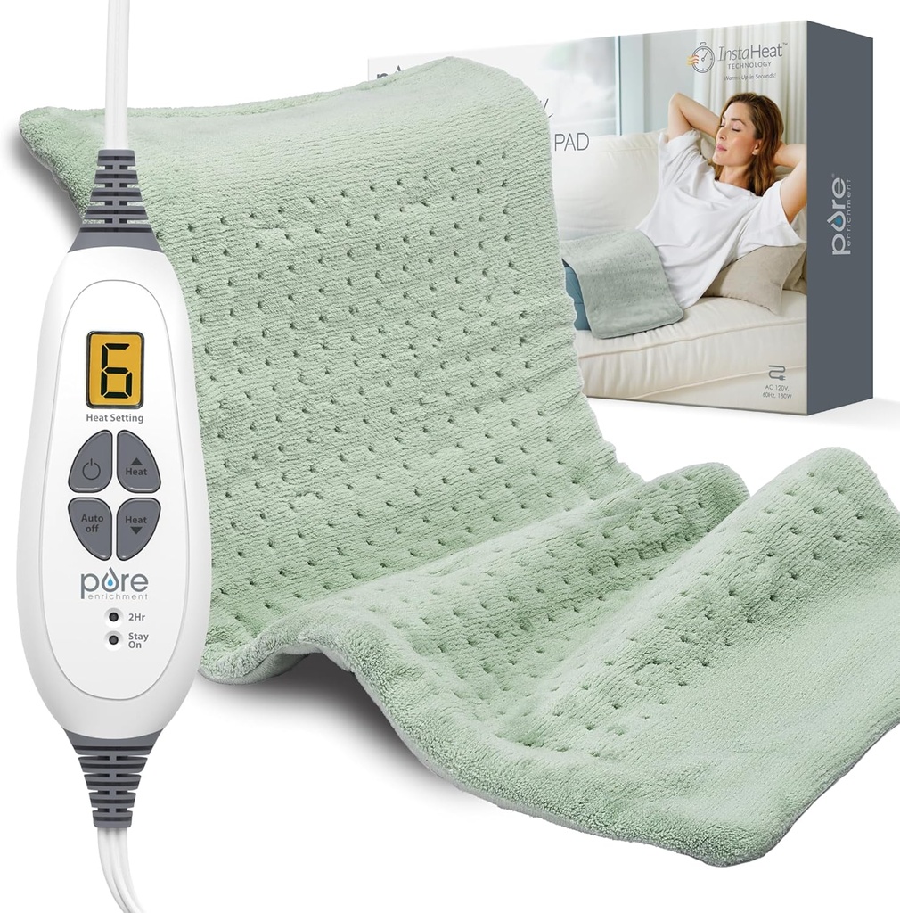 Pure Enrichment PureRelief XL Calefacción Pad - 12" x 24" Calefacción Eléctrica para Dolor trasero &amp; Cáñamo, 6 Ajustes de calor, FSA/HSA Eligible, Tela de lavado de máquinas suaves, Carne de auto-fuerzo húmedo (Zen Green)