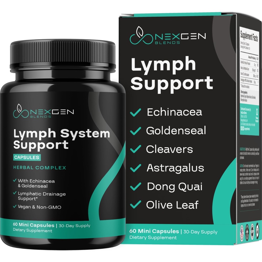 Herbal Lymph System Support Supplement - Lymphatic Support Complex with Echinacea Goldenseal Astragalus & Hydroxytyrosol for Lymphatic Drainage & Immune Support - Vegan Non-GMO Gluten Free (1 Mes)