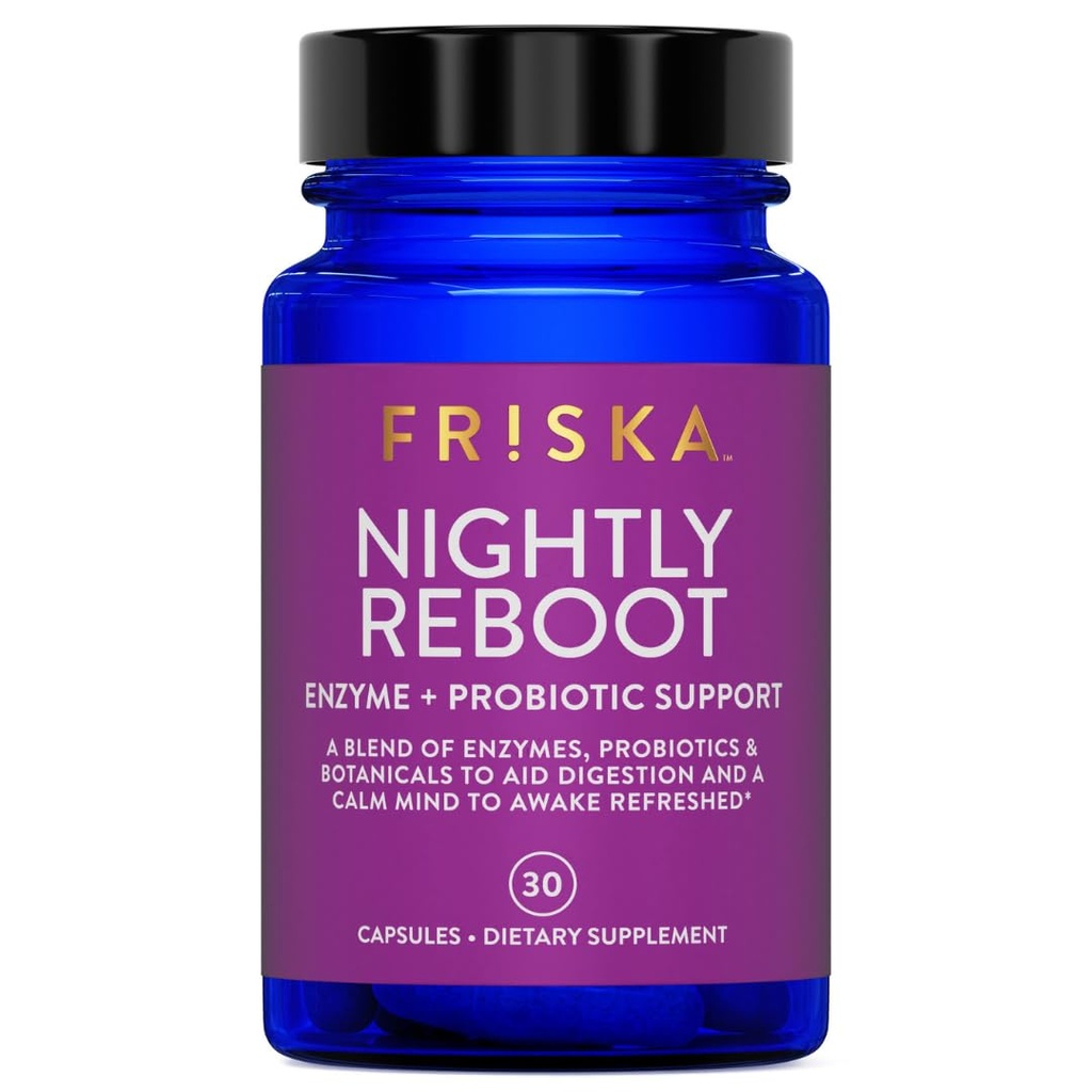 Friska Nightly Reboot - Nighttime Digestive Enzymes, Probiotic for Gut Balance & Bloating Support, with Melatonin & Chamomile to Promote Relaxation & Sleep, 30 Capsules