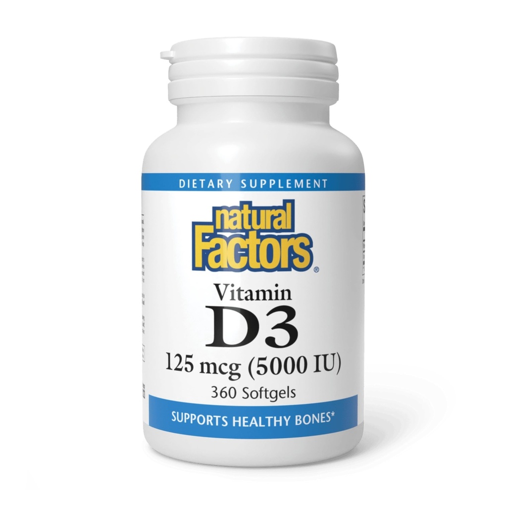 Factores naturales, vitamina D3 5000 UI (125 mcg), soporta huesos fuertes, músculos y función inmunitaria, 360 Softgels