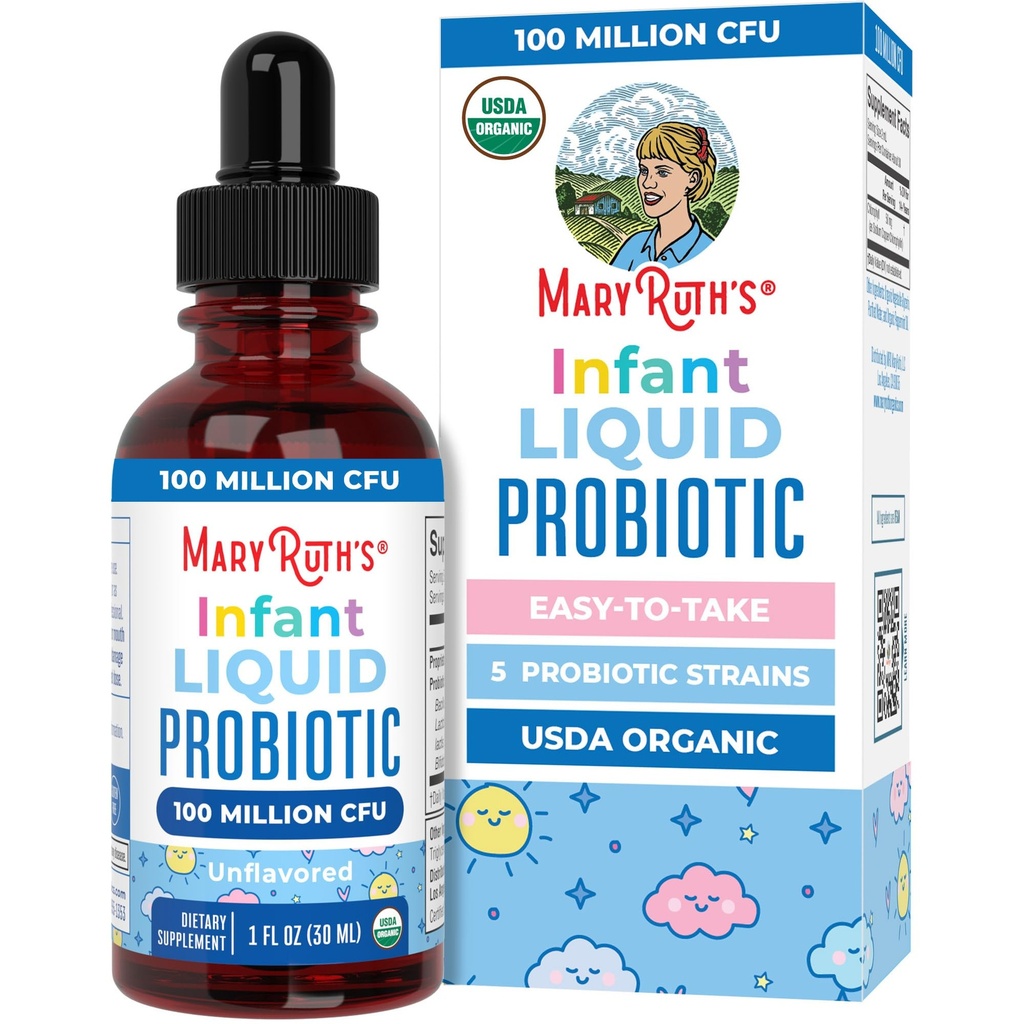 MaryRuth's Organic Infant Liquid Probiotic for Ages 6-12 Months | 100 Million CFU | 5 Probiotic Strains | Probiotics for Infants | Proprietary Probiotic Blend | USDA Organic | Vegan | Unflavored |1 oz
