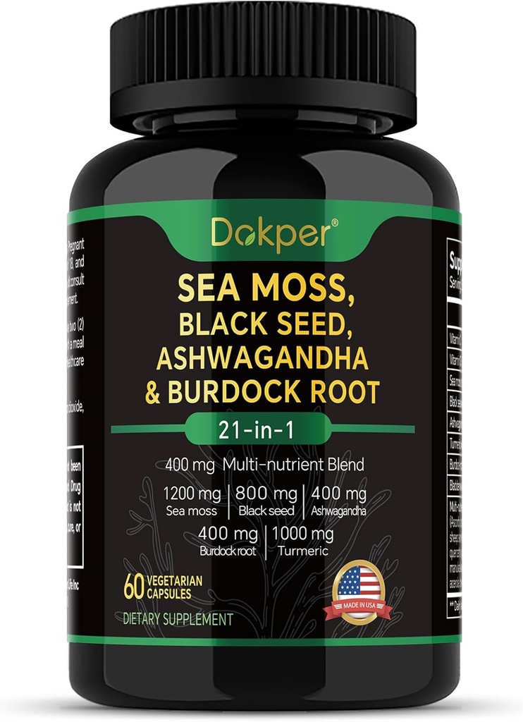 Moss, Ashwagandha, Black Seed Oil Supplement, Vitamin C & D3 with Turmeric, Bladderwrack & Burdock Root, Natural Herbal Support for Men &amp; Women 60 Capsules, Suplementos dietéticos, Pack of 1
