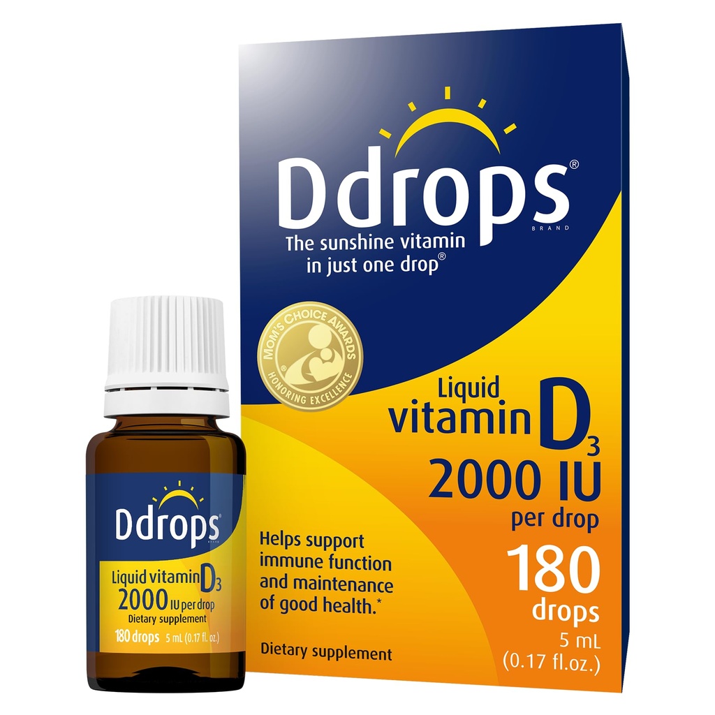 Ddrops Adultos 2000IU 180 Drops - Vitamina Líquida D3 Suplemento, Apoyo al Sistema de Huesos Fuertes