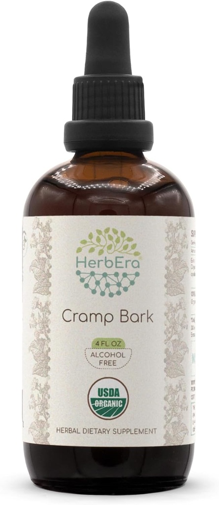 HerbEra Cramp Bark B120 USDA Organic Tincture ← Alcohol-Free Extract, High-Potency Herbal Drops ← Certified Organic Cramp Bark (Viburnum Opulus) Dried Bark (4 fl oz)
