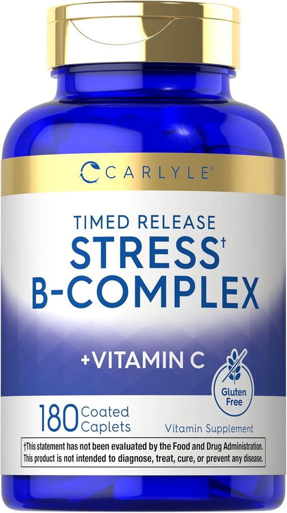 Carlyle Stress B-Complex Vitamina TEN 180 Caplets Vegetarian TENIDO CON Vitamina C Silencioso No GMO & Gluten Suplemento Gratis