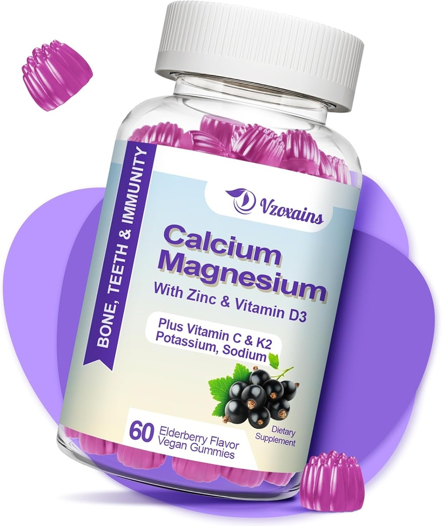 Alta Absorción Calcio Gummies, Azúcar suplemento de magnesio de calcio libre con vitamina D3 de potasio para la fuerza de dientes de B0ne, función muscular - Vegan, sabor de arándanos 60 Cts