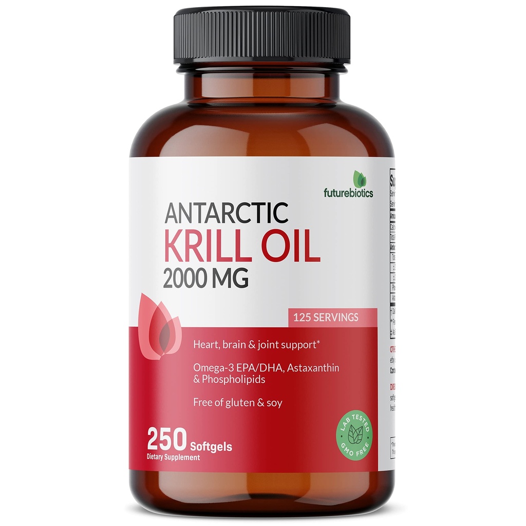 Futurobióticos Aceite de Krill Antártico 2000mg con Astaxanthin, Omega-3s EPA, DHA y fosfolípidos - 100% Aceite de Krill Premium puro de metal pesado, no GMO – 250 Softgels