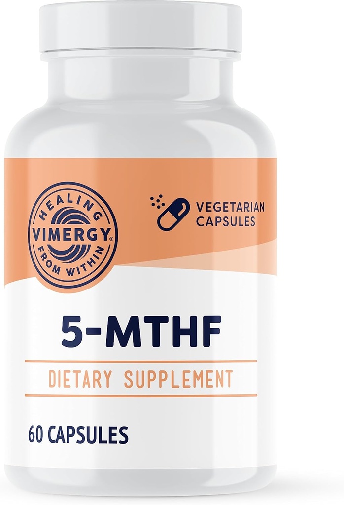 Cápsulas Vimergy 5-MTHF – 60 Serviciones (1 Cápsula/Serving) 8500mcg L-Methylfolate Glucosamina y 500 mcg Suplemento Vitamina B12 –Bioavailable Folate Supplement for Women and Men Vegan 5 mthf (60 ct)