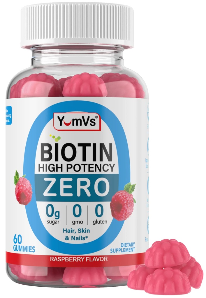 Biotina Gummies Azúcar Gratis – 5000 mcg Biotina de alta potencia para el cabello, piel & uñas – Cero Azúcar, no GMO, Gluten Free, Vegan Raspberry Gummies – 60 Condes
