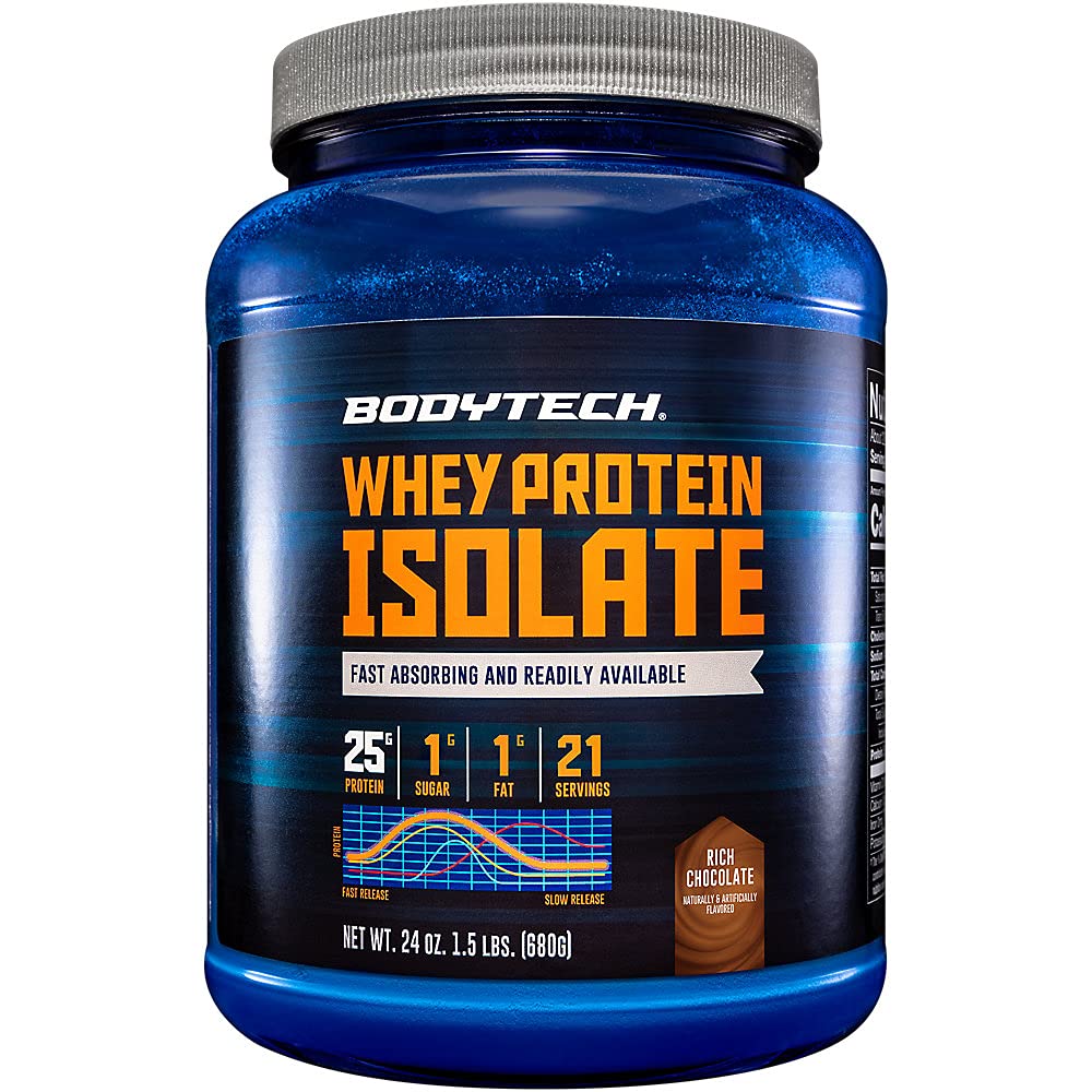 BODYTECH Whey Protein Isolate Powder - 25 Grams of Protein per Serving, Ideal para el Construcción y Crecimiento del Musculo Post-Workout, Rich Chocolate Flavor, Contiene Milk & Soy (1.5 Pound/ 21 Servings)