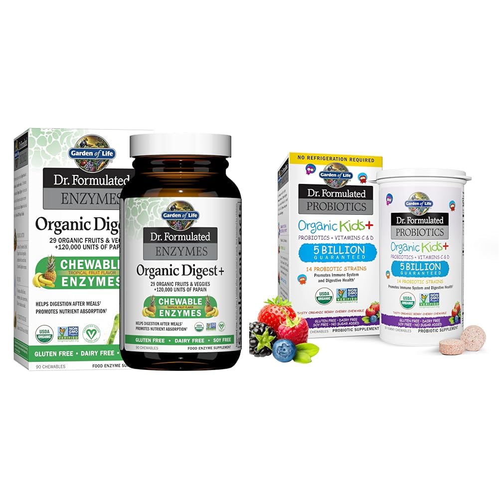 Garden of Life Dr Formulated Digestive Enzymes with Papain, Bromelain " Dr. Formulated Probiotics Organic Kids+ Plus Vitamin C " D - Berry Cherry