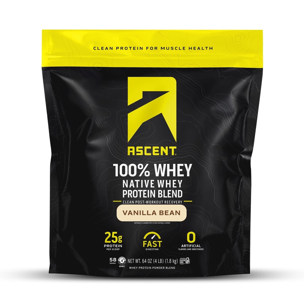 Ascent 100% Whey, Native Whey Protein Blend - Clean Post Workout Recovery, Digesting, Zero Artificial Flavors &amp; Sweeteners, Gluten Free, 5.5g BCAA, 2.6g Leucine, Vanilla Bean 4 lb.