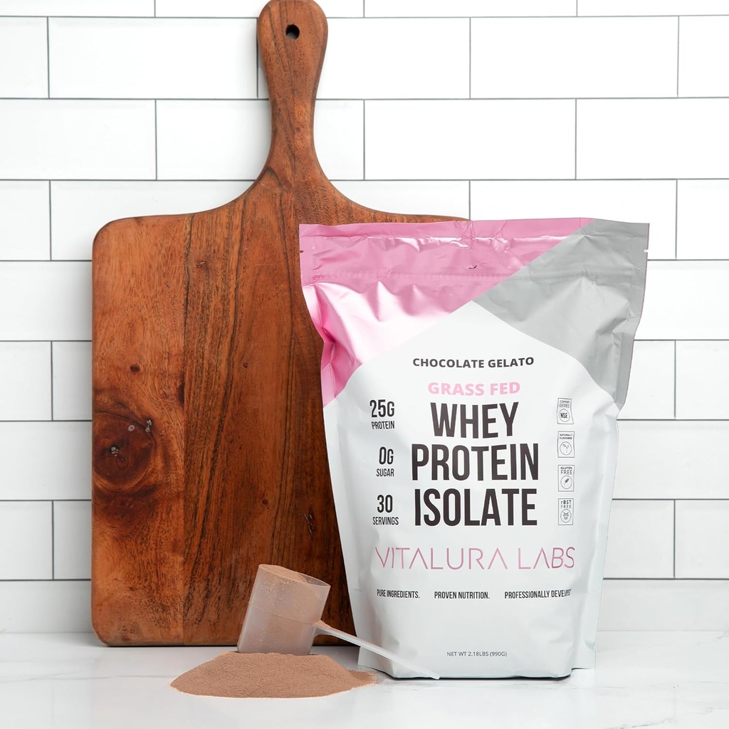 Vitalura Labs Grass-Fed Whey Protein Isolate - Protein 25g (DV 50%) Por Serving - 100% Whey Isolate - NSF Content Certified - Chocolate Gelato Flavored - No Fillers - Easy Digesting - 30 Servings