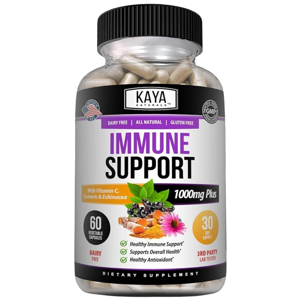 Kaya Naturals Elderberry Immune Support, Elderberry with Zinc and Vitamin C for Adults Vitaminas, Probióticos & Turmeric 1000mg Immune System Booster Sambucus Capsules - 60 Conde