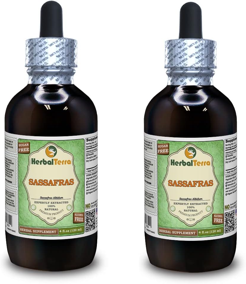 Orgánica Sassafras (Sassafras Albidum) Gliceo, Hojas secas Extracto líquido libre de alcohol (Marca: HerbalTerra, Proudly Made in USA) 2x4 fl.oz (2x120 ml)