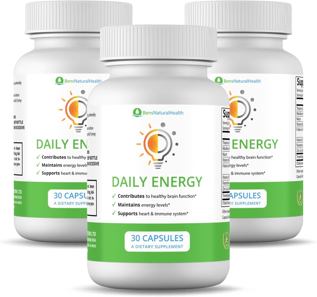 Complejo Ben's Natural Health Daily Energy B-Vitamin con TMG y Zinc for Natural Energy, Stress, Focus &amp; Immune Support, 30 Capsules, 3 Pack