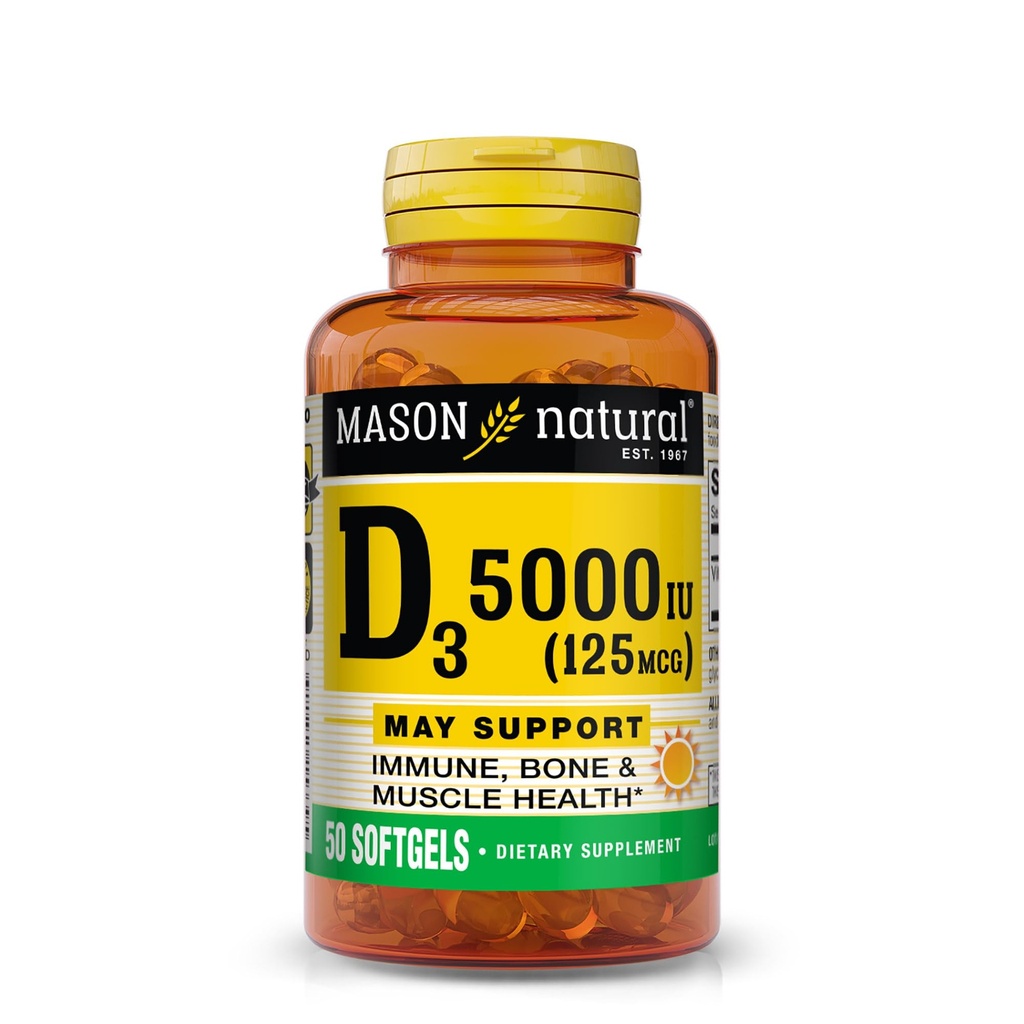 MASON NATURAL Vitamina D3 125 mcg (5000 UI), soporta el hueso, el músculo &amp; la salud inmunitaria, del aceite de hígado de pescado, 50 Softgels, paquete de 3