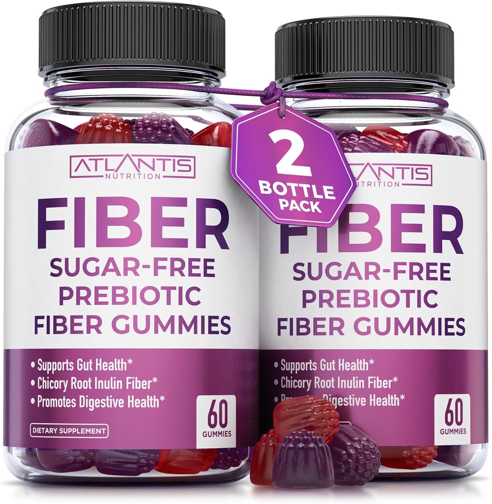 Atlantis Nutrición Azúcar Mangas de fibra gratis para adultos - 5G Suplemento de fibra Formulado con 5.4G Blend digestivo prebiótico - Apoya Gut Health " Promueve una digestión saludable - 2-Pack 120 Gummies