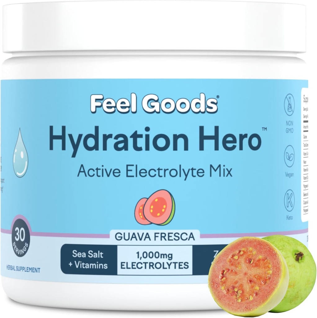 Siente los bienes Hidratación Héroe, 1000 mg Electrolitos Polvo, Sugar Libre, Magnesio, Aloe Ecológico Vera, Aloe Orgánico, L Theanina, Vitamina C & B12, No GMO, Keto, Vegan  habit Guava Fresca, 30 Servimientos