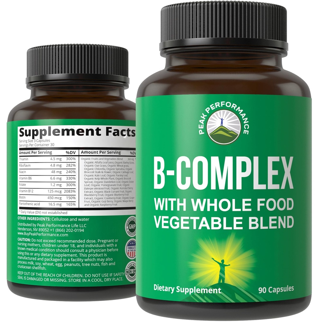 Vitamina B Complejo cápsulas + Pan comido completo de 25 verduras y frutas para la absorción máxima. Best Vegan B-Complex Suplemento con vitamina B1, B2, B3, B5, B6, B7, B9 y B12. 90 cápsulas. Energy Boost