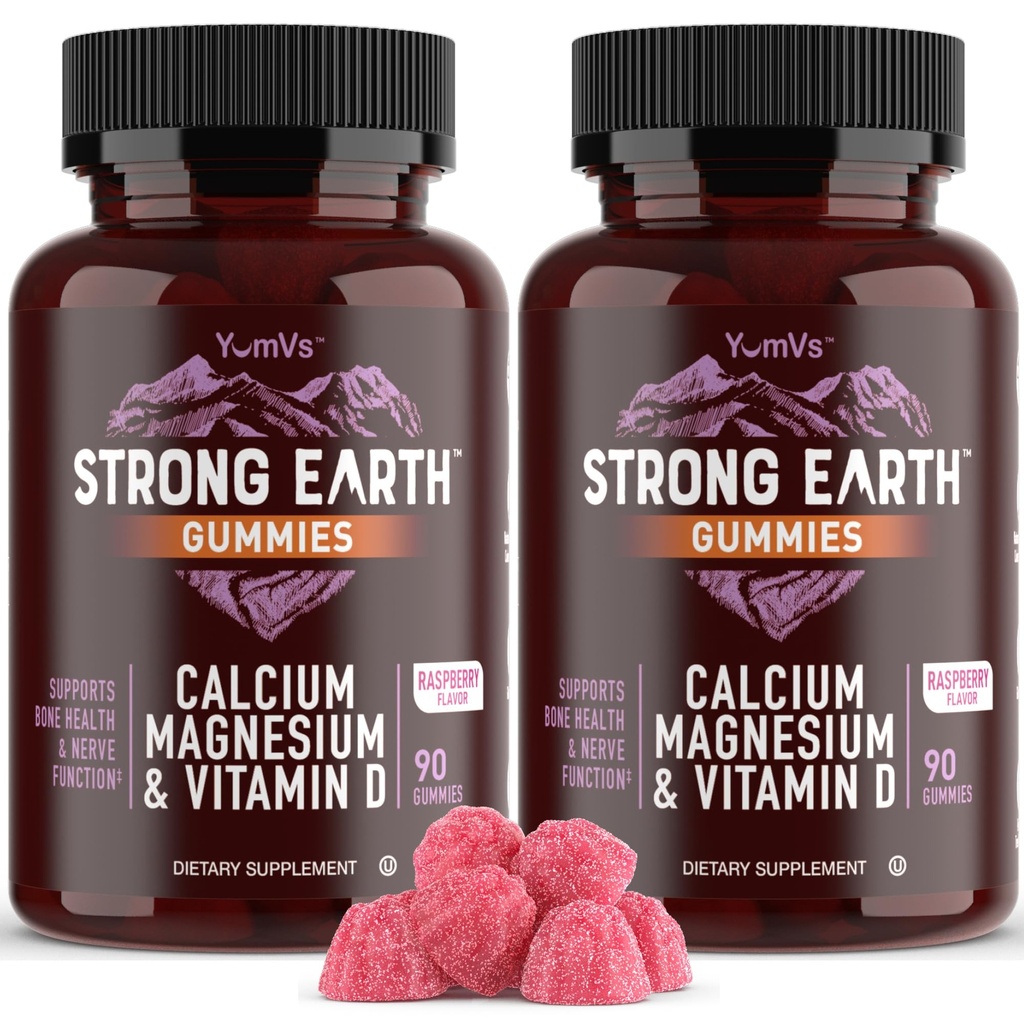 Calcio Tierra Fuerte de YUM-V, Magnesio, Vitamina D3 Gummies - Vitamina Gummies Suplemento Calcio para Gummies Fuertes de Salud Hueso - Kosher 90 Conde (Pack de 2)