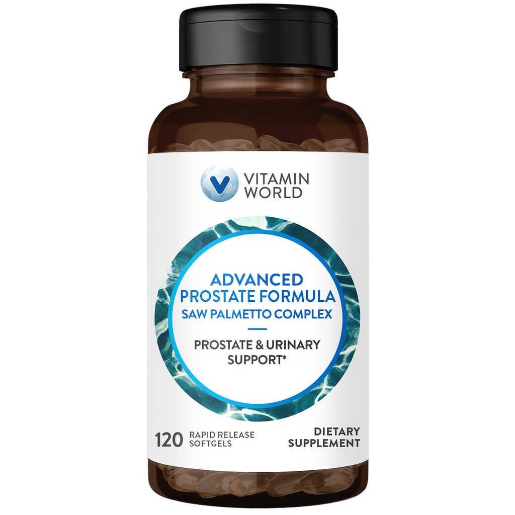 Vitamina World Advanced Prostate Formula Saw Palmetto Complex 120 Softgels, apoya la salud de próstata, salud urinaria, liberación rápida, libre de gluten