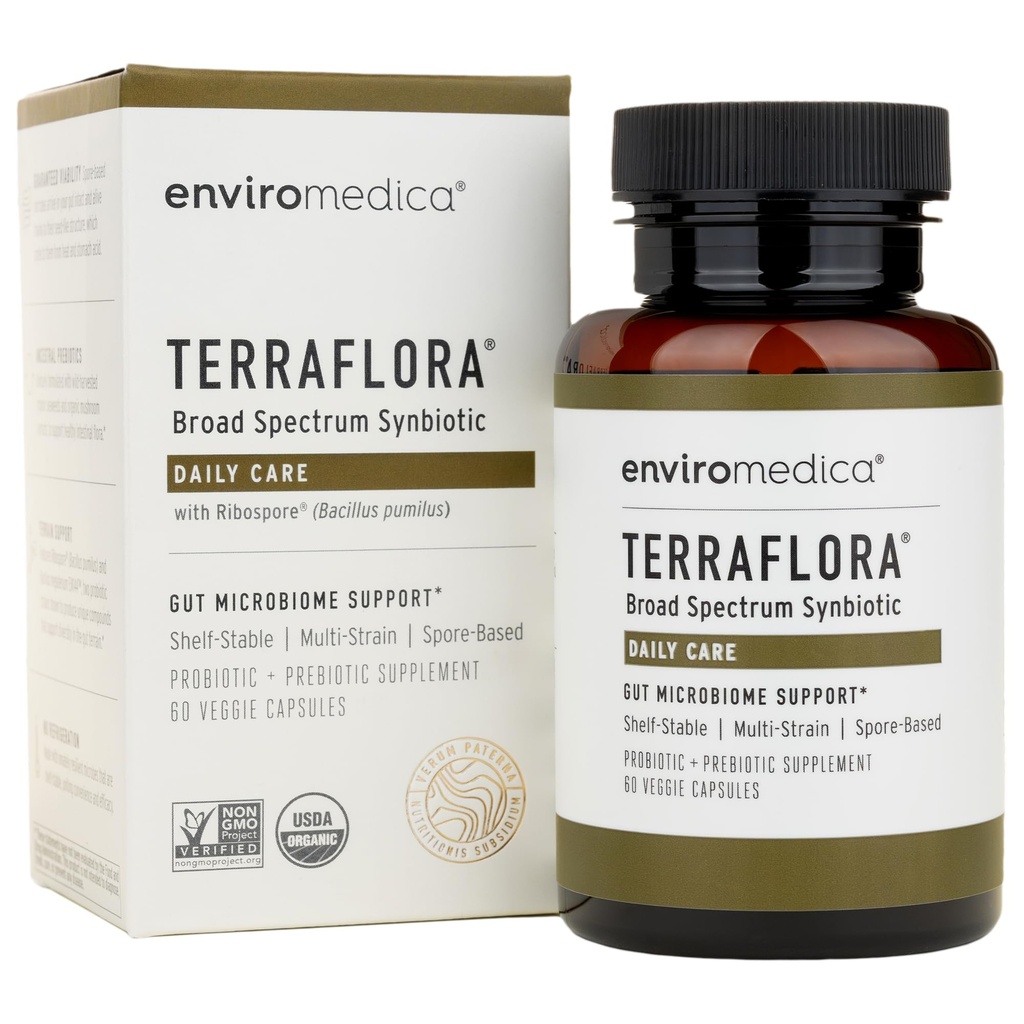 Terraflora Daily Care sinbiótico de probióticos y prebióticos para Mujeres y Hombres 60 ct, Soil Based, Shelf Stable, alergen Friendly Spore Based Supplement Capsules Promote Gut Health by Enviromedica