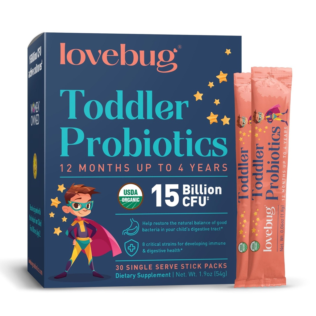 Lovebug Kids Probiotic Powder with Prebiotic Fiber - Toddler Immunity Support &amp; Constipation Relief - USDA Organic Probiotics for Childrens Gut & Digestive Health (Ages 1-4) - 30 Pack (Unflavoured)