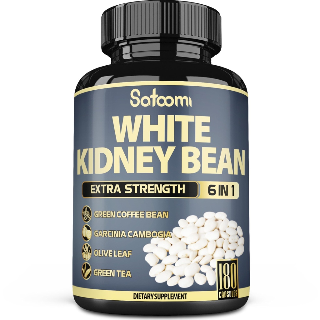 Satoomi 6in1 White Kidney Bean Extract Capsules - 6 Month Supply - Extra Blend with Olive Leaf, Green Coffee Bean &amp; Green Tea - 180 Condes