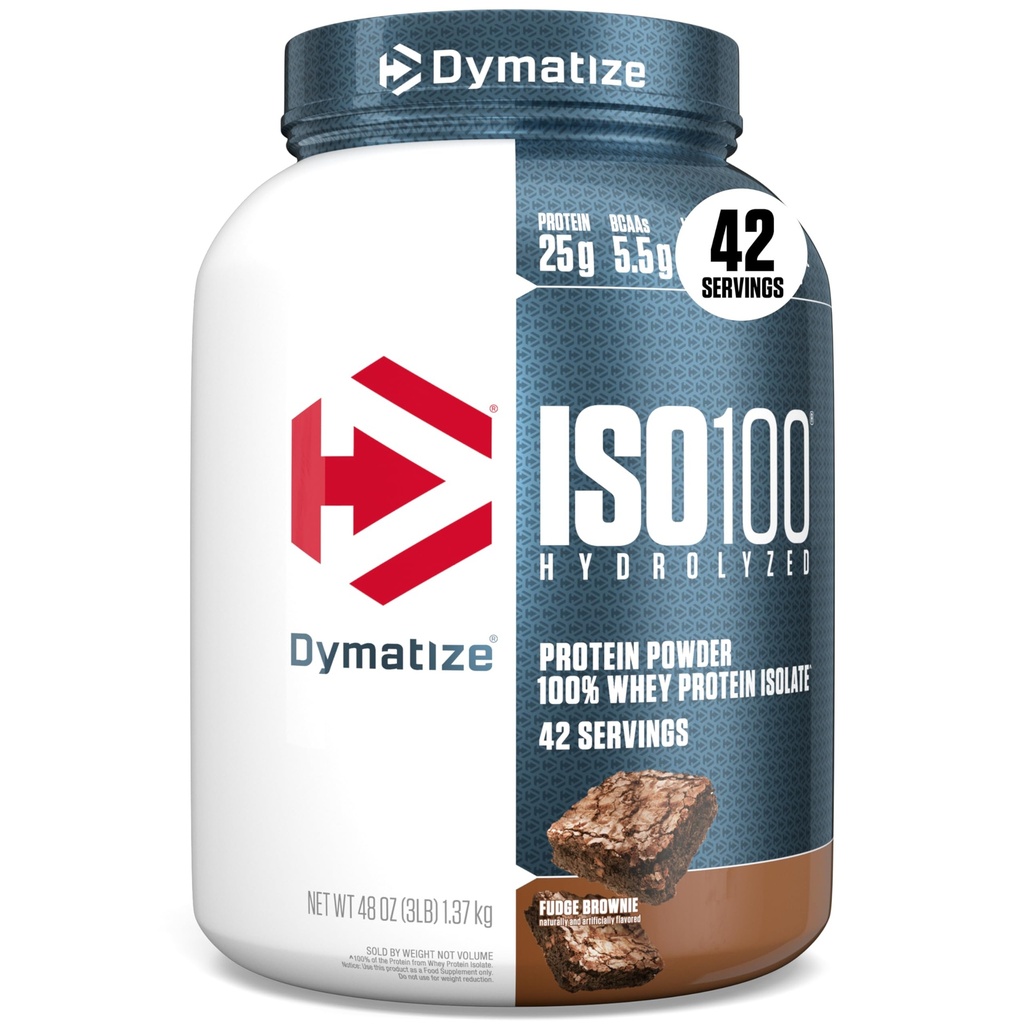 Dymatize ISO100 Whey Protein Powder Isolate, Fudge Brownie, 25g of Protein, 3 Pound, 5.5g BCAAs, Less Than 120 Cal., Gluten Free, 1g Fat, 1g Sugar, 2g Carb (42 Servings)