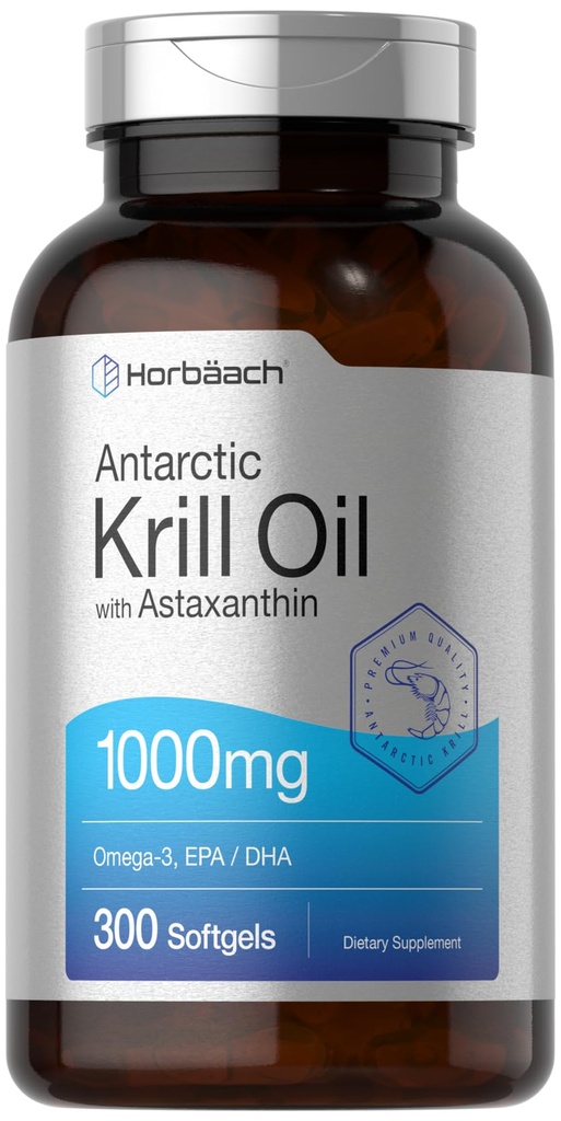 Horbäach Antártico Krill Oil 1000mg Softgels tención 300 Conde  durable Omega 3 Suplementos con Astaxanthin, EPA, DHA ← Non-GMO, Gluten Free