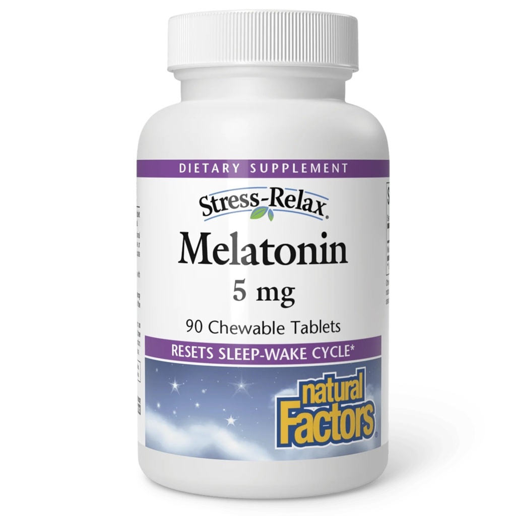 Stress-Relax Melatonin 5 mg por Factores Naturales, Asistencia Natural para el sueño, Reinicie el ciclo del sueño, 90 comprimidos masticables (90 porciones), Peppermint Flavor