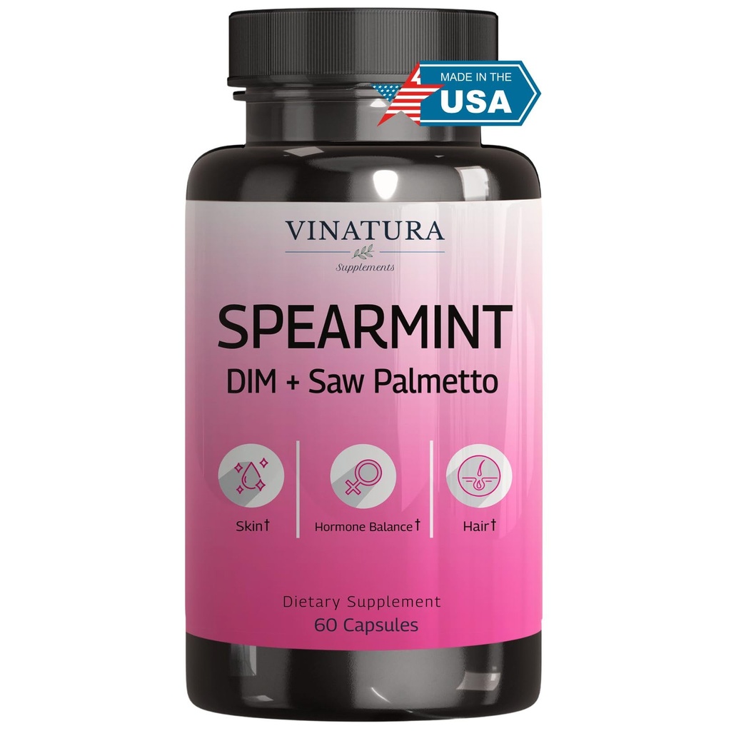 VINATURA Spearmint Leaf Capsules Supplement - Enhanced with DIM & Saw Palmetto, for Unwanted Hair, Women' Health & Skin *USA made & Tested* - 1380mg/serving, 60 cápsulas (30 servidos)