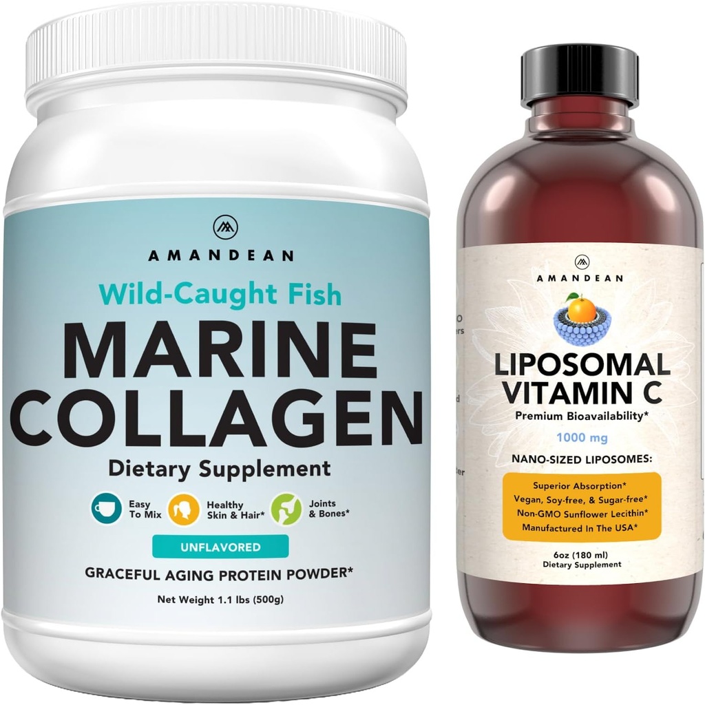 Marine Collagen Powder + Vitamina C - Perfect Skin from Within Combo. Peptides de pescado de caca silvestre, Liposomal VIT C Liquid 1000mg. Producción y síntesis para el envejecimiento saludable, belleza, bienestar.