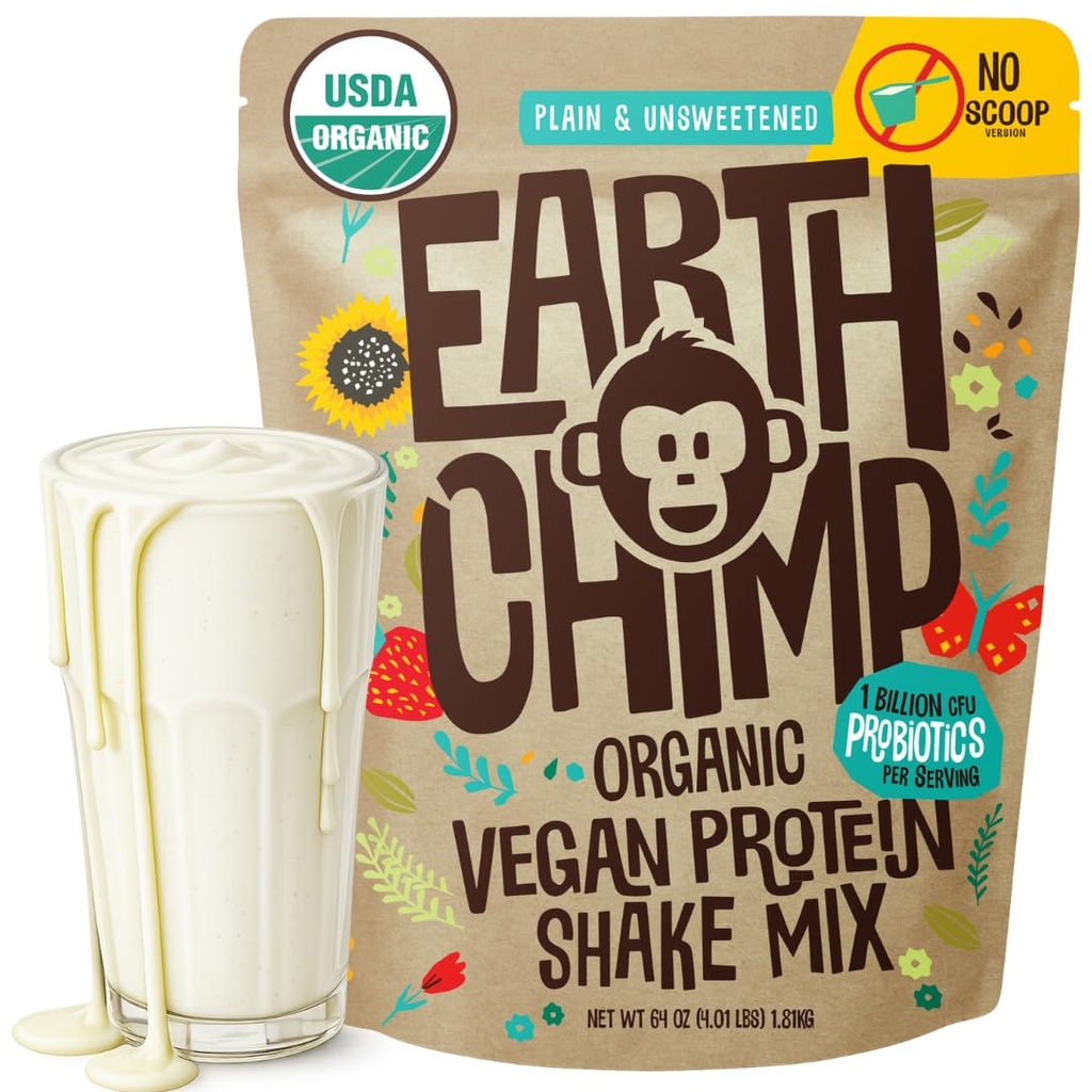 EarthChimp Organic Vegan Protein Powder - with Probiotics - Non GMO, Dairy Free, Non Whey, Plant Based Protein Powder for Women and Men, Gluten Free - 52 Servings 64 Oz (Plain &amp; Unsweetened) No Scoop